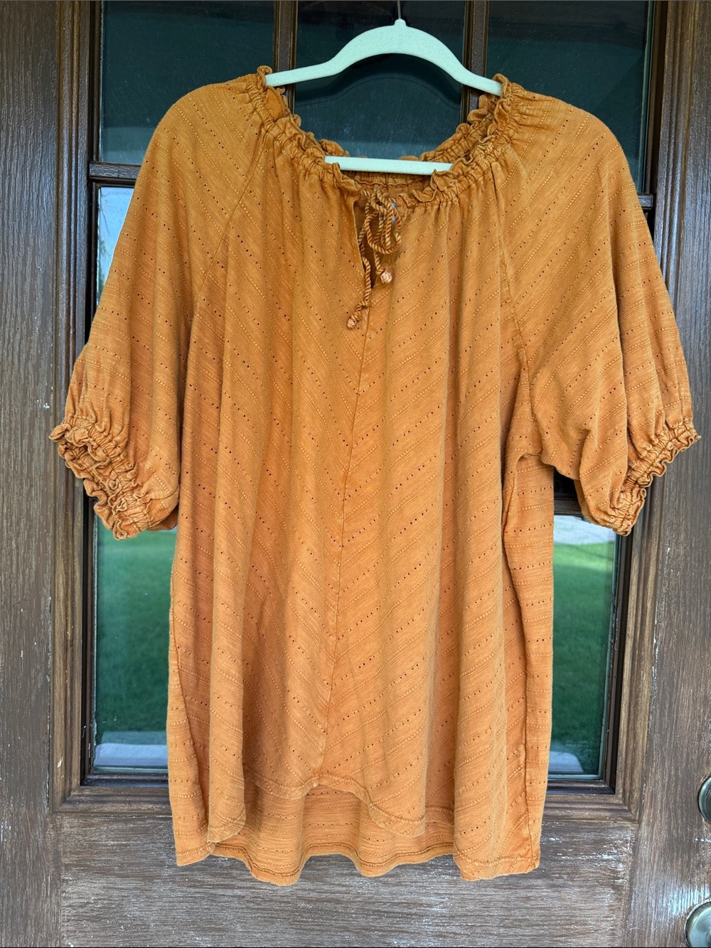 Wonderly Rust Orange Smocked Neck Puff Sleeve Tunic